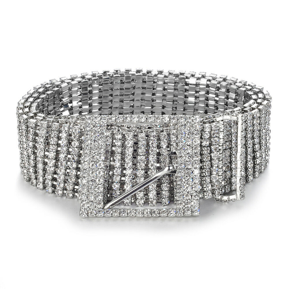 Women's Silver Row Rhinestone Diamante Waist Belt for Fashion