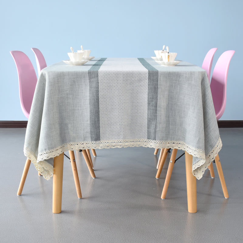 Checkered Embroidery Stitch & Lace Trim Stylish Grey Table Cloth, Polyester Linen Wrinkle Free Anti-Fading Rectangle Table Cover Cloth for Home, Kitchen, Dining, Party