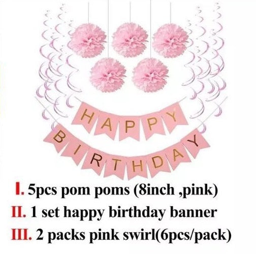 Happy Birthday Decorations Set - Pink