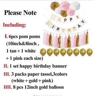 Happy Birthday Decorations Set - Gold, White & Pink