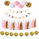Happy Birthday Decorations Set - Gold, White & Pink