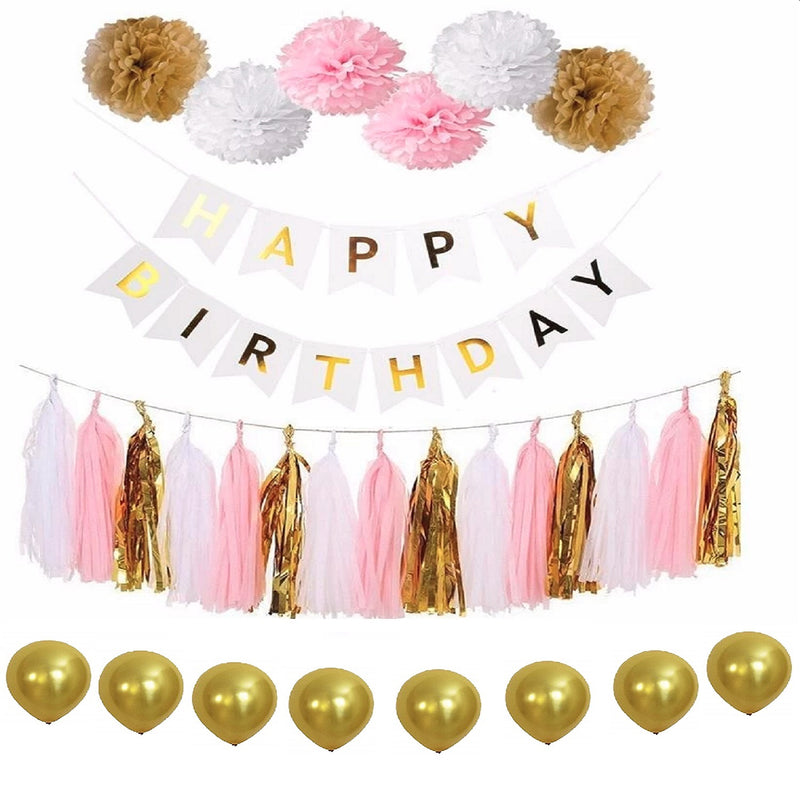 Happy Birthday Decorations Set - Gold, White & Pink