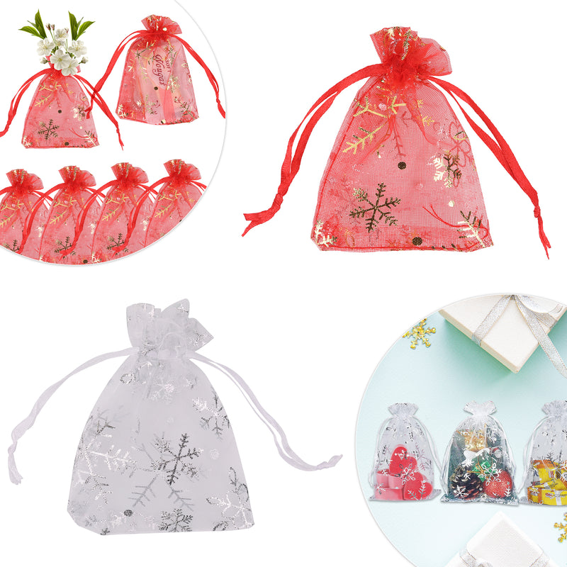 100pcs Snowflakes Organza Bags Drawstring Gift Pouches, 7x9cm