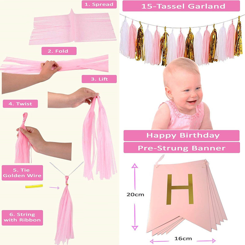 Happy Birthday Decorations Set - Gold, White & Pink