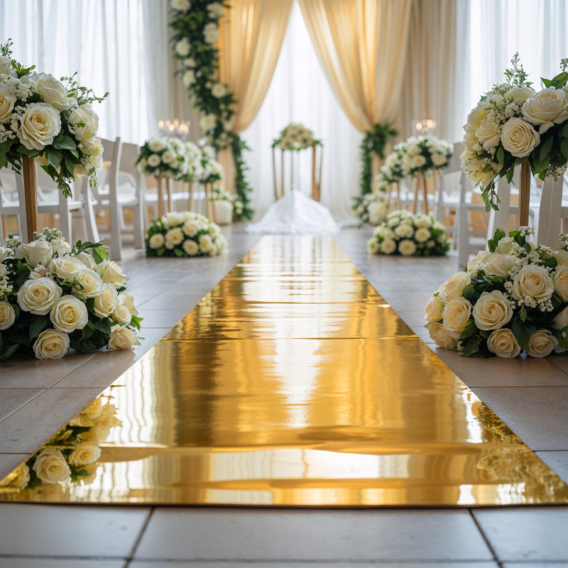 1.2m x 10m Mirror Carpet Aisle Runner, Silver/Gold Double-Sided Reflective Event Flooring