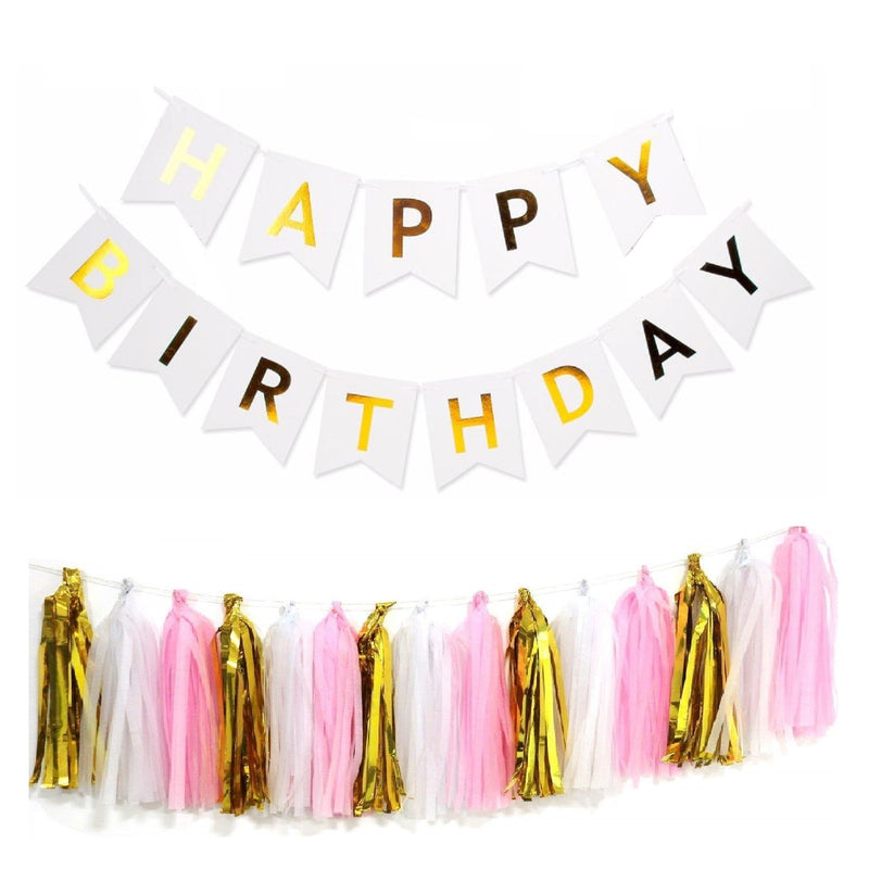 Happy Birthday Decorations Set - Gold, White & Pink