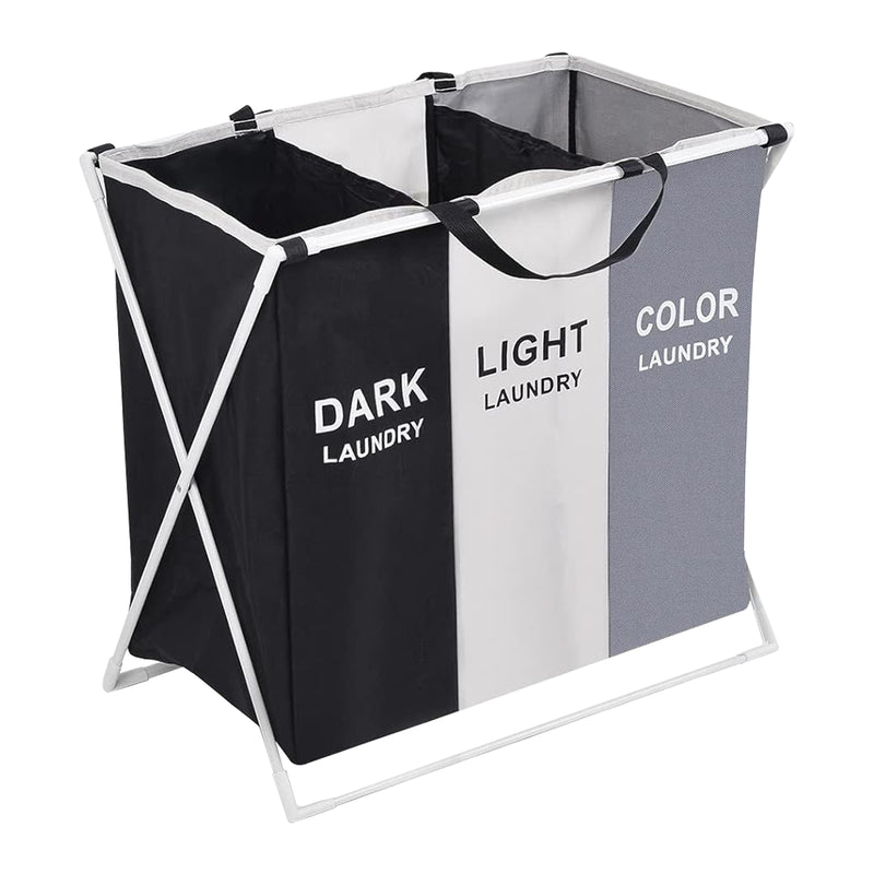 Large Laundry Hamper 3 Compartment Foldable Laundry Basket, Black, White, & Grey