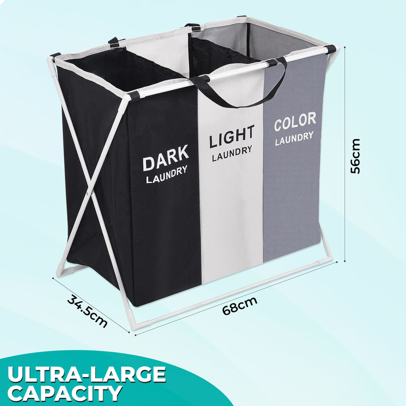 Large Laundry Hamper 3 Compartment Foldable Laundry Basket, Black, White, & Grey