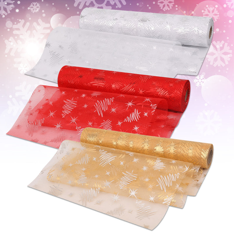 Xmas Tree Print Organza Roll Snow Sheer Fabric - 29cm x 25m