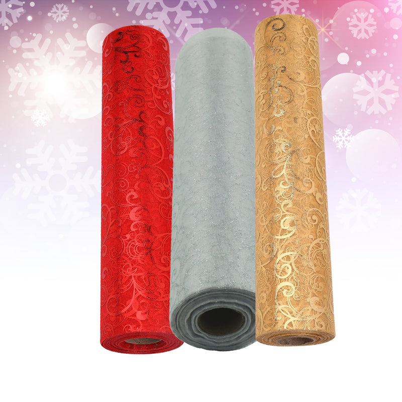 Organza Roll Snow Sheer Glitter Fabric Flocked Swirl Design - 29cm x 25m