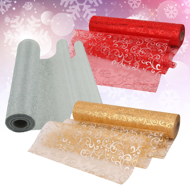 Organza Roll Snow Sheer Glitter Fabric Flocked Swirl Design - 29cm x 25m