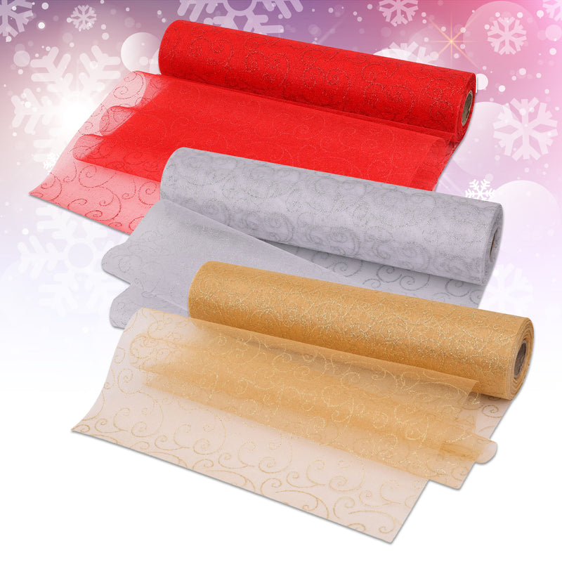 Glitter Organza Roll Snow Sheer Fabric with Flocked Design - 29cm x 25m