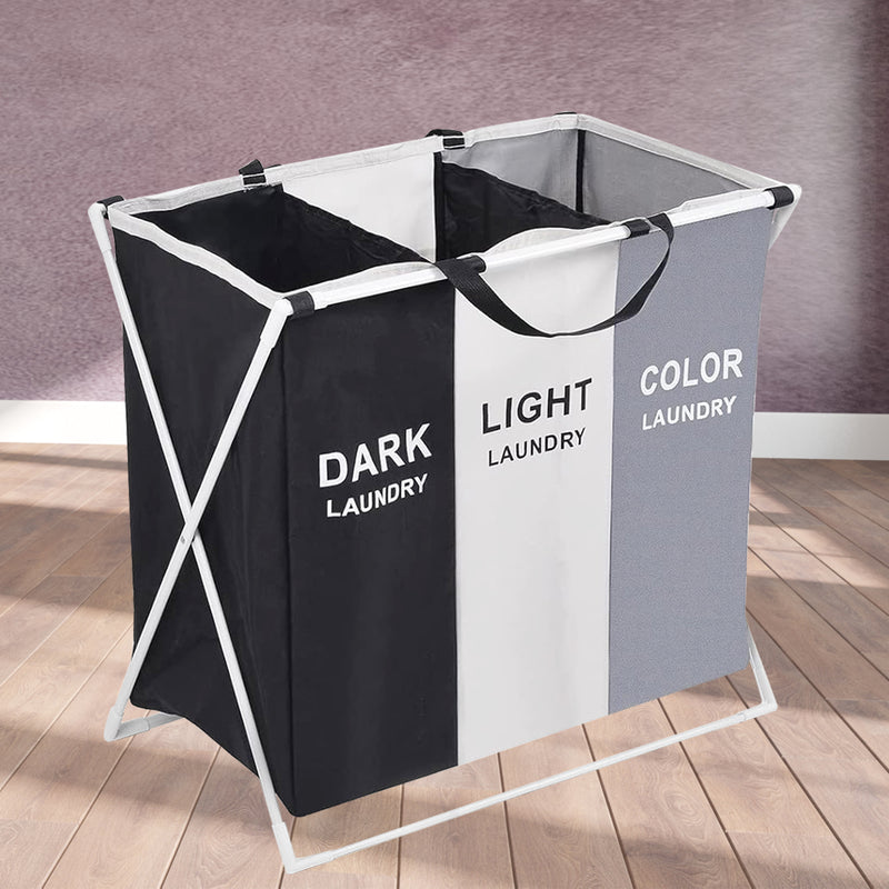 Large Laundry Hamper 3 Compartment Foldable Laundry Basket, Black, White, & Grey