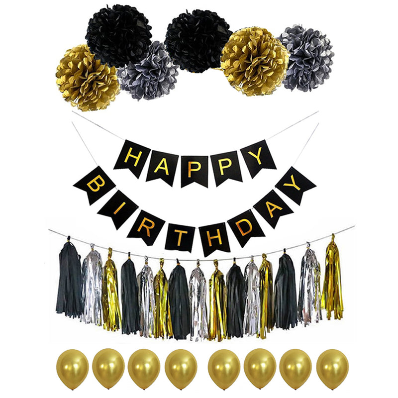 Happy Birthday Decorations Set - Black & Gold