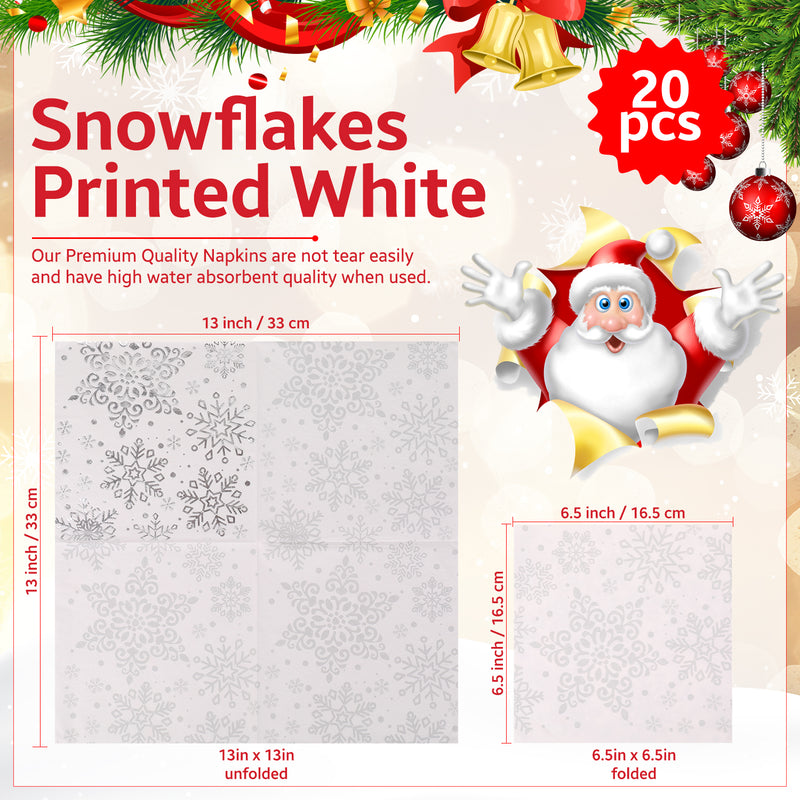 Set of 20 Snowflakes Printed Christmas Disposable Napkins 2 Ply, 33cm x 33cm