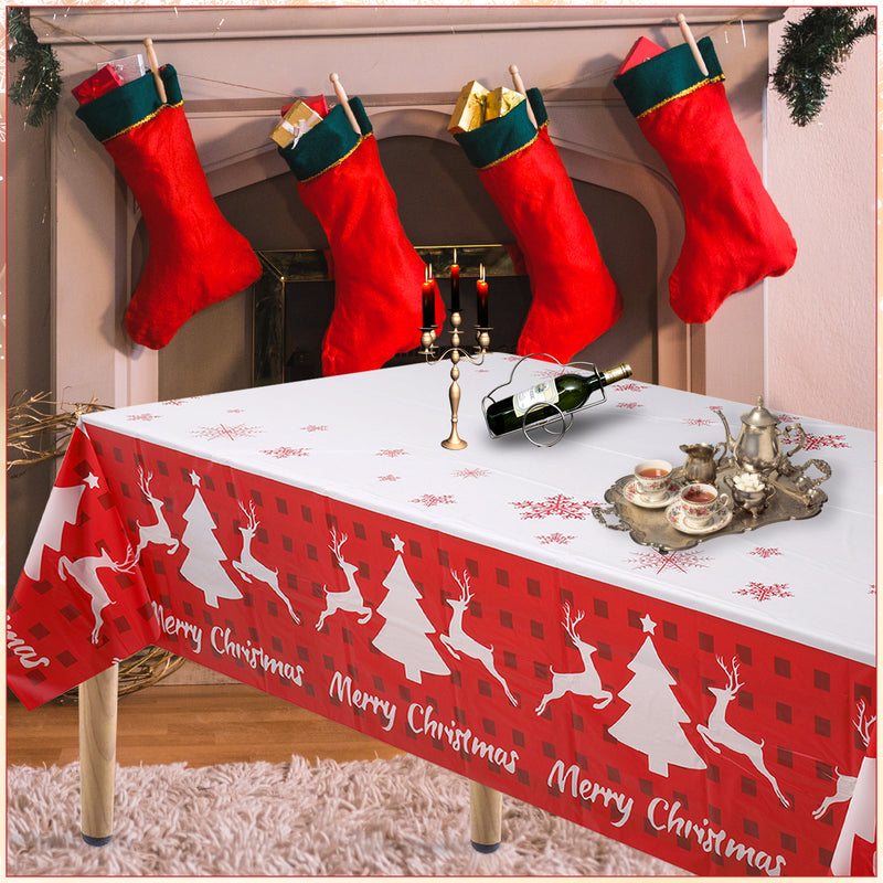 137cm x 274cm Christmas Table Cloth Rectangular Wipe Clean Plastic Table Cover for Christmas Party Decor, Winter Holiday Home Decorations, White & Red