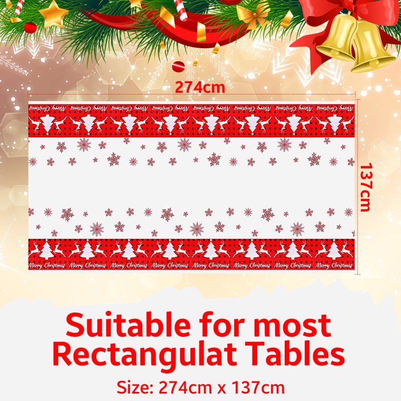 137cm x 274cm Christmas Table Cloth Rectangular Wipe Clean Plastic Table Cover for Christmas Party Decor, Winter Holiday Home Decorations, White & Red