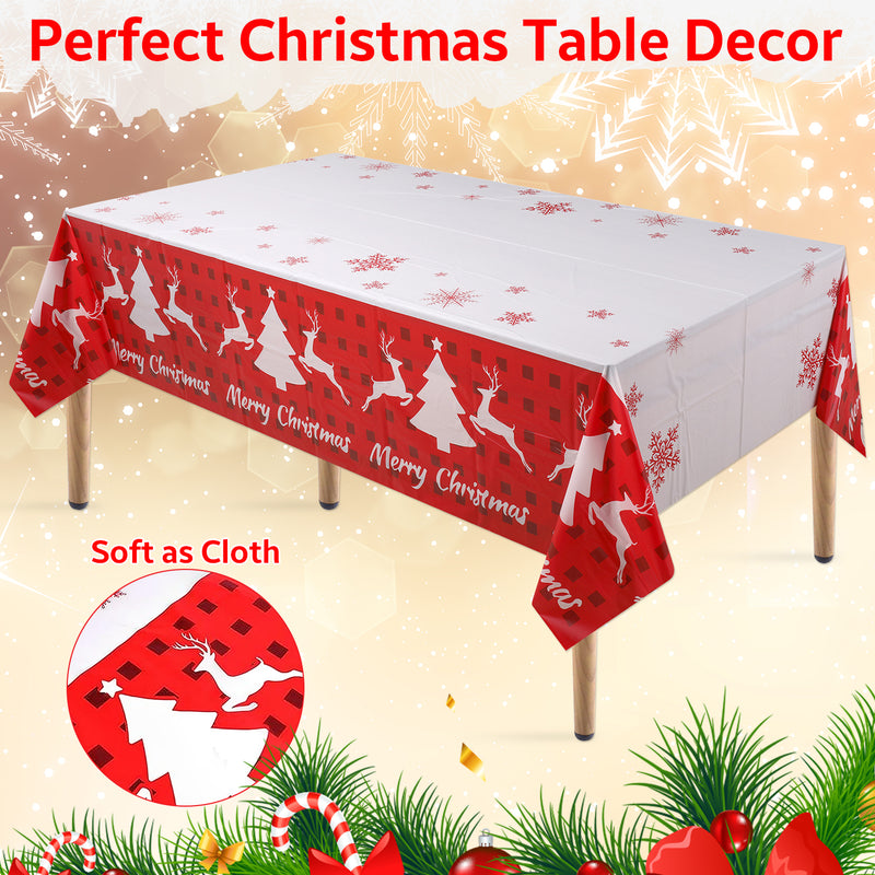 137cm x 274cm Christmas Table Cloth Rectangular Wipe Clean Plastic Table Cover for Christmas Party Decor, Winter Holiday Home Decorations, White & Red