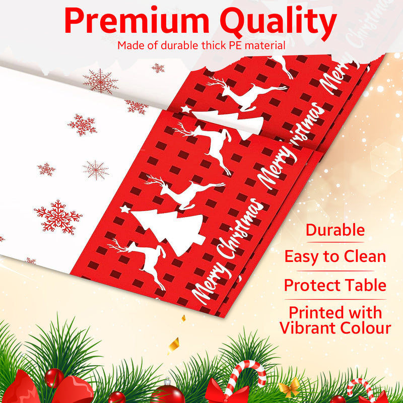 137cm x 274cm Christmas Table Cloth Rectangular Wipe Clean Plastic Table Cover for Christmas Party Decor, Winter Holiday Home Decorations, White & Red