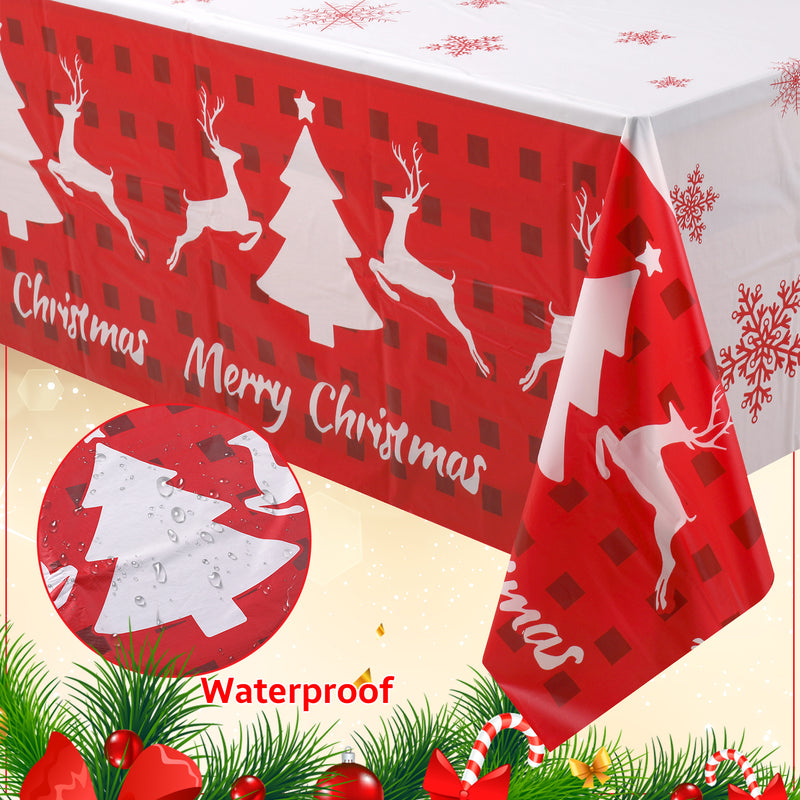 137cm x 274cm Christmas Table Cloth Rectangular Wipe Clean Plastic Table Cover for Christmas Party Decor, Winter Holiday Home Decorations, White & Red