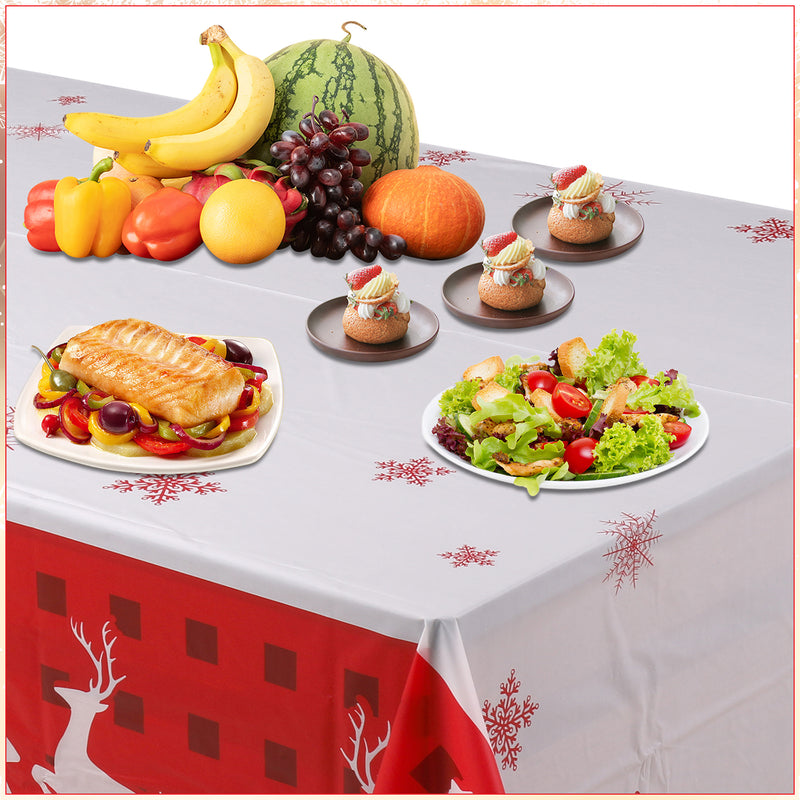 137cm x 274cm Christmas Table Cloth Rectangular Wipe Clean Plastic Table Cover for Christmas Party Decor, Winter Holiday Home Decorations, White & Red