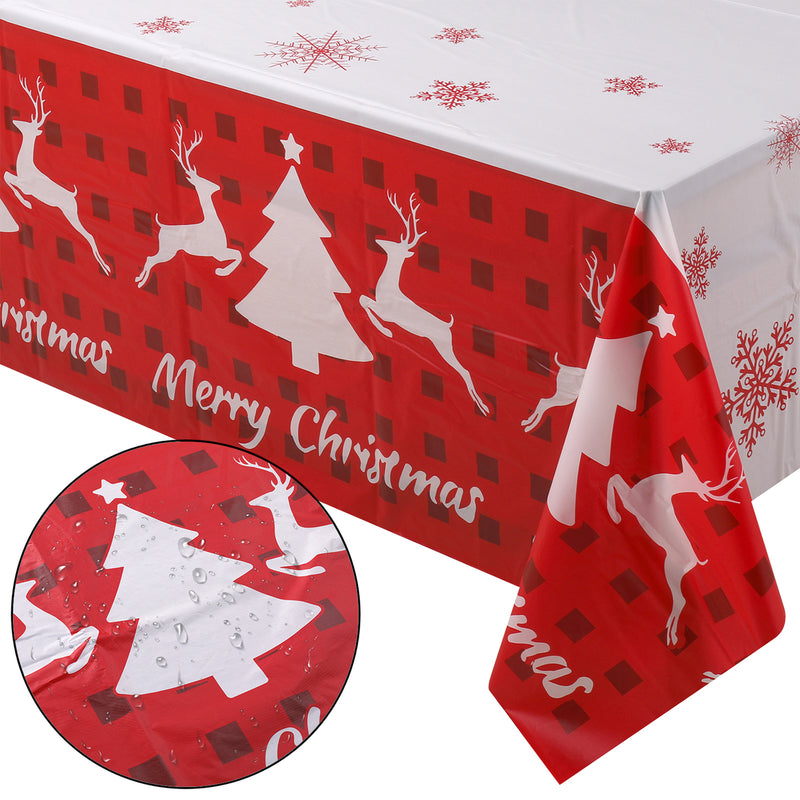 137cm x 274cm Christmas Table Cloth Rectangular Wipe Clean Plastic Table Cover for Christmas Party Decor, Winter Holiday Home Decorations, White & Red