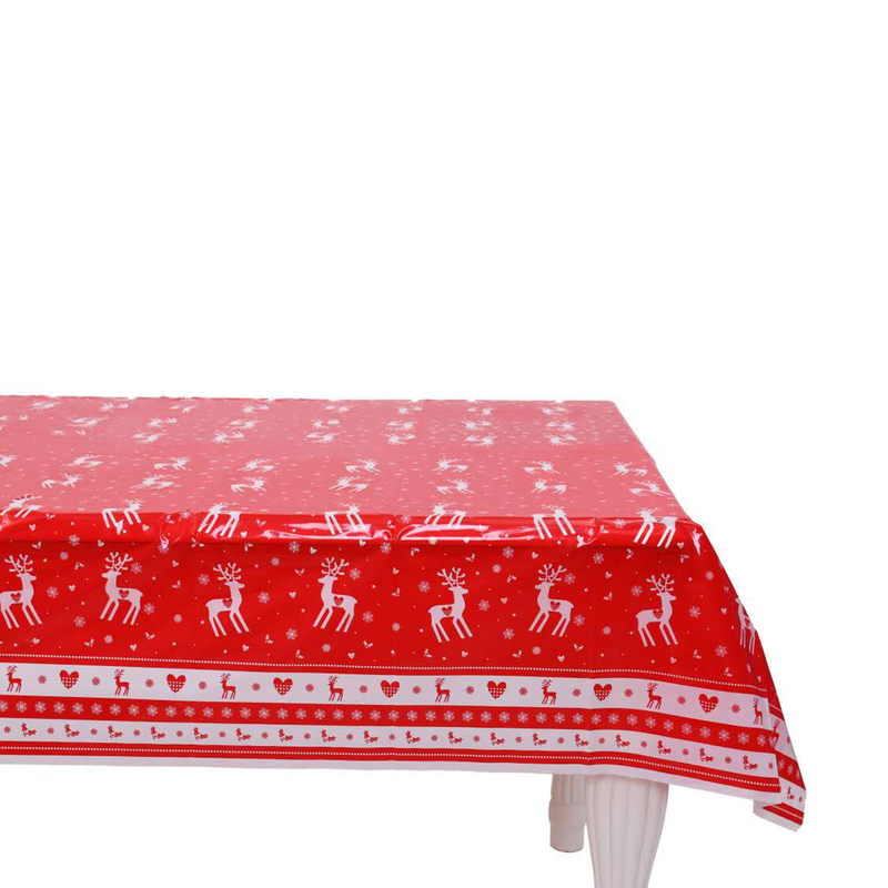 Christmas Table Cloth White & Red Rectangular Wipe Clean Plastic Table Cover - 120cm x 180cm