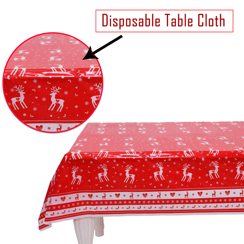 Christmas Table Cloth White & Red Rectangular Wipe Clean Plastic Table Cover - 120cm x 180cm