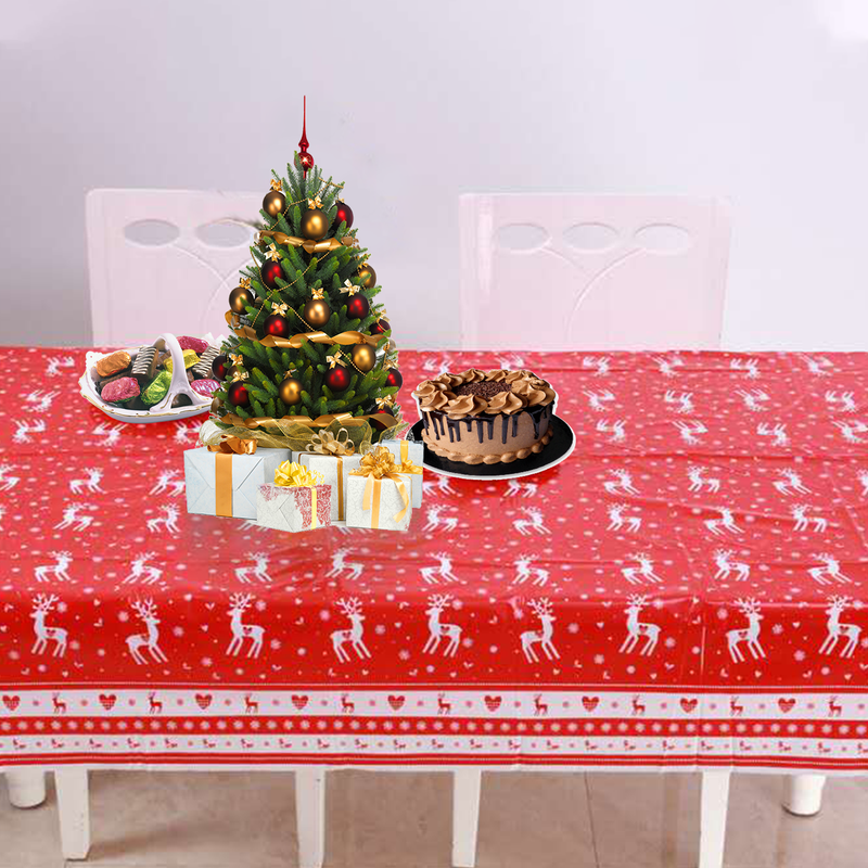 Christmas Table Cloth White & Red Rectangular Wipe Clean Plastic Table Cover - 120cm x 180cm