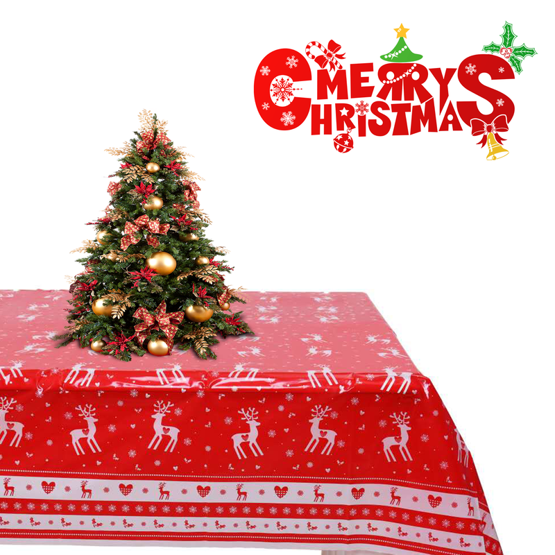 Christmas Table Cloth White & Red Rectangular Wipe Clean Plastic Table Cover - 120cm x 180cm