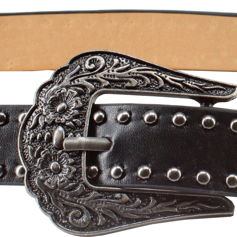 Western Belt PU Leather Strap Carved Metal Vintage Buckle Cowboy Belt Fashion Accessory, 25mm 