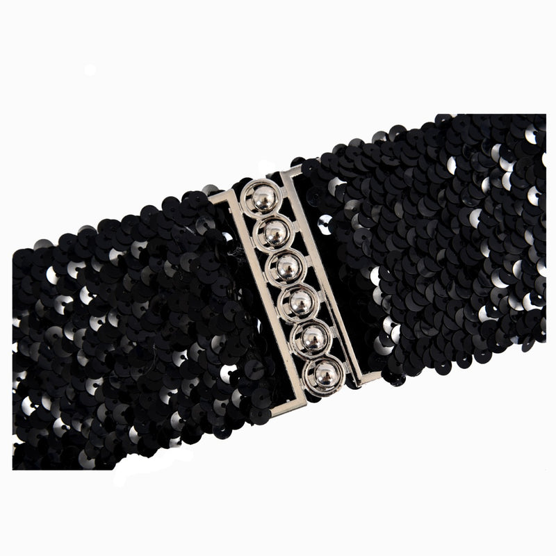 Ladies Sequin Belt Elastic Stretchable Waistband with Stylish Hook Fastening Buckle for Fashion Accessory - (52cm x 7cm), Black, Gold, Silver