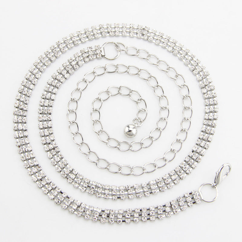 42" Long 3 Row Diamante Rhinestone Waist Chain Belts for Women Fashion Accessory - Silver, Gold