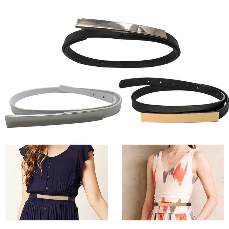 Women Thin Shiny Waist Belt with Long Metal Buckle For Western Wear Accessory