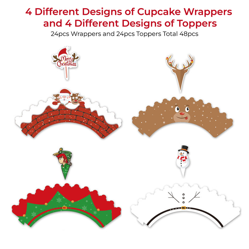 Christmas Cupcake Wrappers & Toppers Set - 48pcs