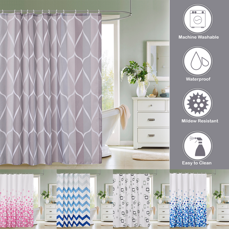 Shower Curtain With Hooks, Waterproof Polyester Fabric, Washable Bath Curtain UK