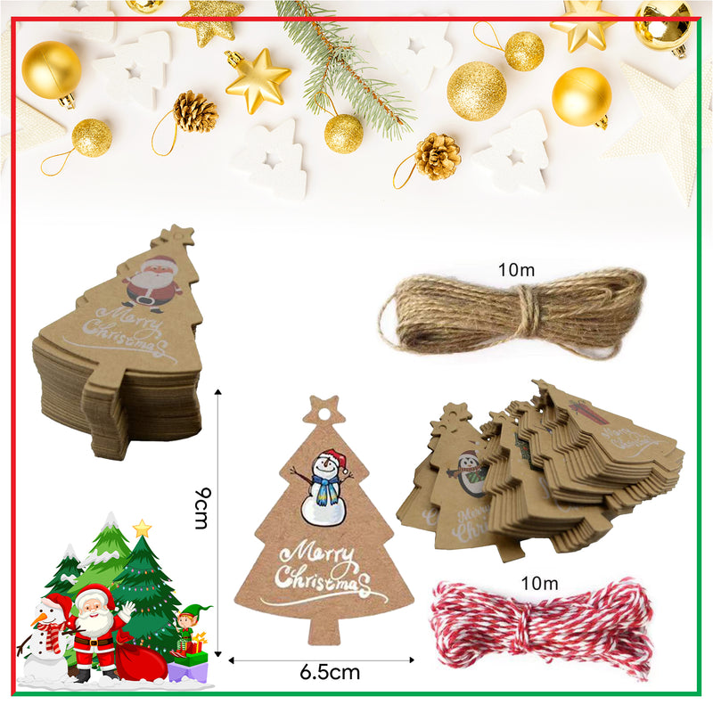 Christmas Kraft Paper Tags, Parcel Hanging Tags Card with String for Xmas Party Gift Wrapping