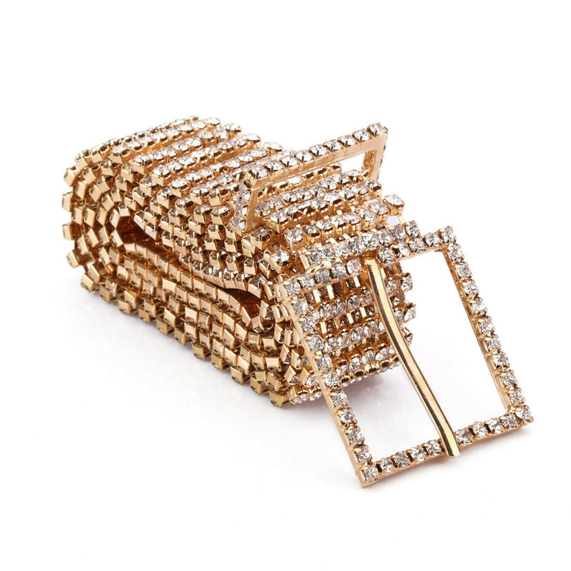 35mm Women's Bling Belt 8 Row Clear Crystal Diamante Studded Metal WaistBand - Gold, Silver, Gunmetal