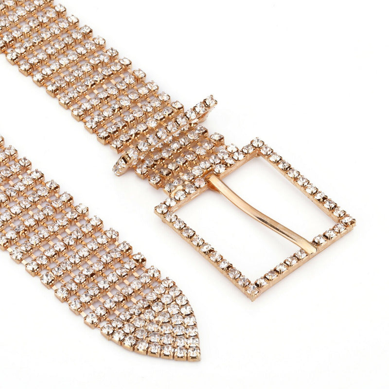 35mm Women's Bling Belt 8 Row Clear Crystal Diamante Studded Metal WaistBand - Gold, Silver, Gunmetal