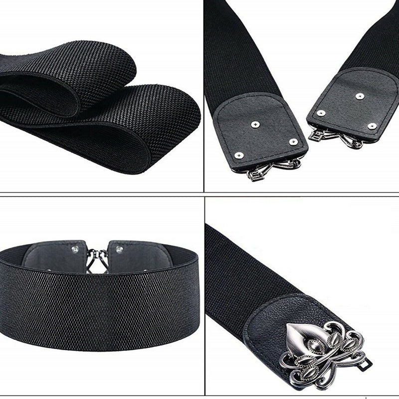 Women's Black Strechable 60mm Wide Waist Belt Clasp Buckle Elastic Band Clip-on Cinch Trimmer One Size Fits All Fashion Accessory