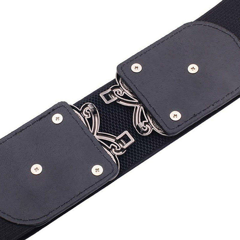 Women's Black Strechable 60mm Wide Waist Belt Clasp Buckle Elastic Band Clip-on Cinch Trimmer One Size Fits All Fashion Accessory