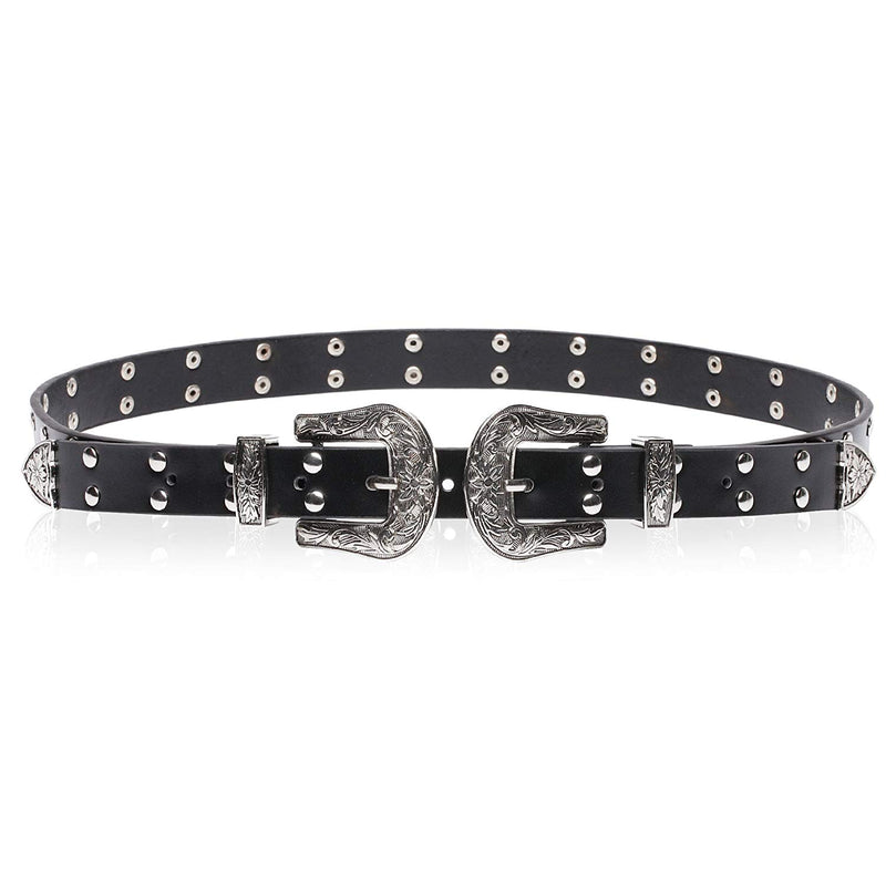 Black Faux Leather Vintage Style Double Waist Belt with Studded Rivet for Women Fashion Accessory