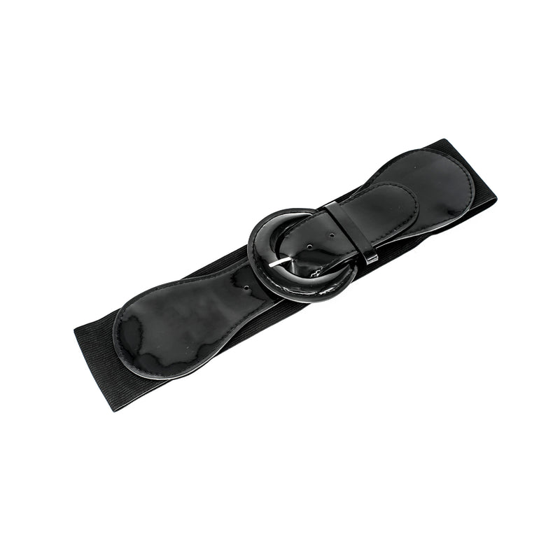 2.5" Wide Black Elasticated Waist Belt with Shiny Buckle for Women Fashion Accessory