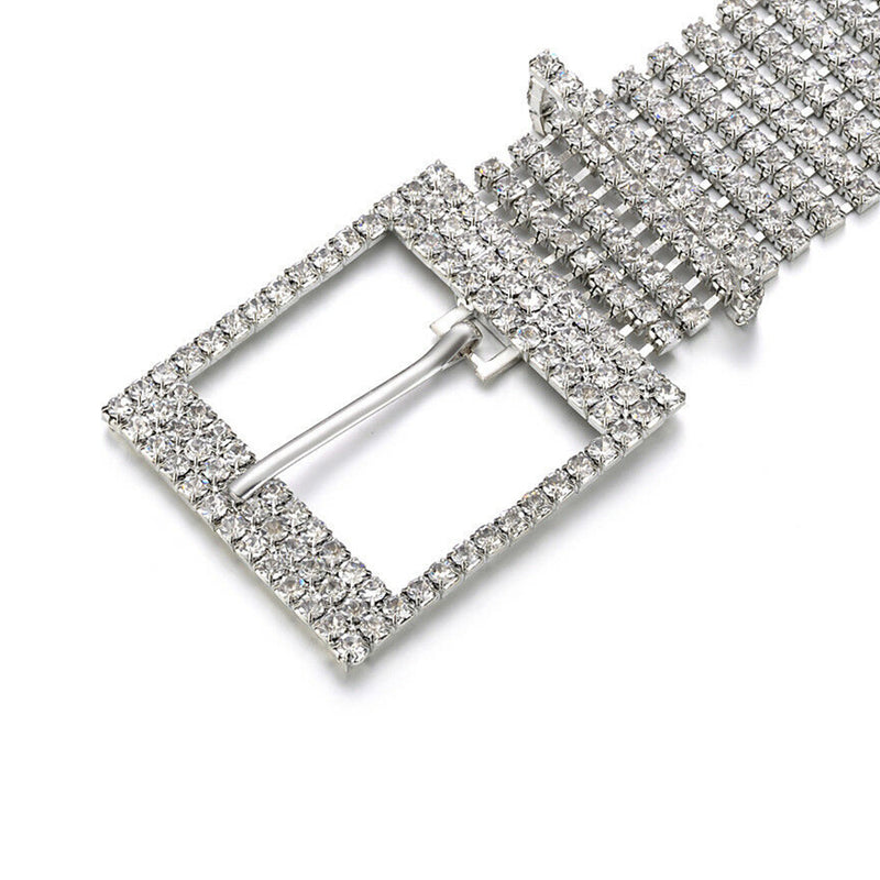 Women's Silver Row Rhinestone Diamante Waist Belt for Fashion Accessory