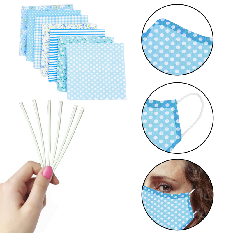 DIY Face Mask Material, 7pcs Different Pattern Face Cover Fabric 25cm x 25cm, 6 Metres Elastic Earloop Band, 10pcs Metal Nose Strip Clip For Sewing, Making Crafts