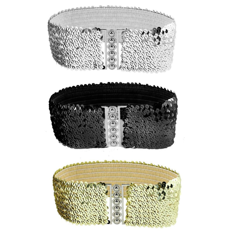 Ladies Sequin Belt Elastic Stretchable Waistband with Stylish Hook Fastening Buckle for Fashion Accessory - (52cm x 7cm), Black, Gold, Silver