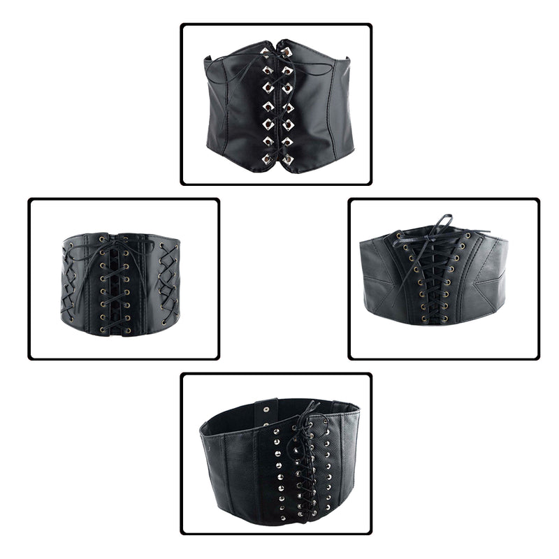 Women's Black PU Leather Corset Waist Belt with Black Lace for Fashion Accessory