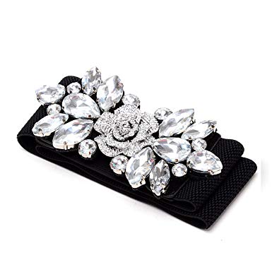 Diamante Tea Flower Elasticated / Stretchable Metal Fastening Buckle Black Waist Belt, Floral Women Fashion Accessory