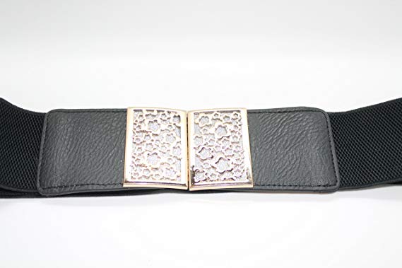 Leather Elasticated / Stretchable Broad Rectangle Stars Clip-ons Black Waist Belt- Women Fashion Accessory-2 Inch Wide 