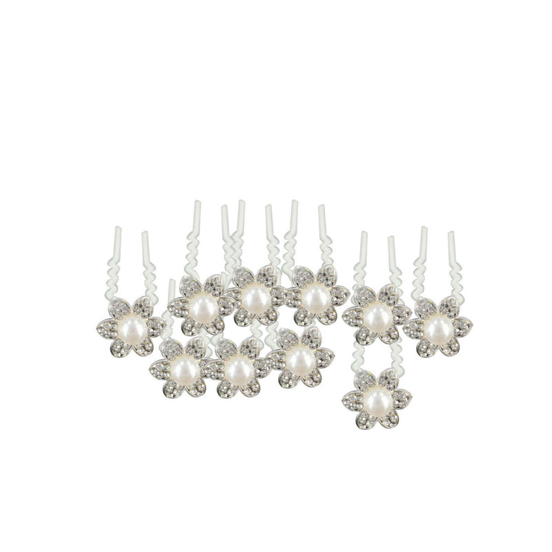 10pcs Rhinestones Crystal Diamante Flower Design White Pearl Hair Pins Hairstyling Accessory